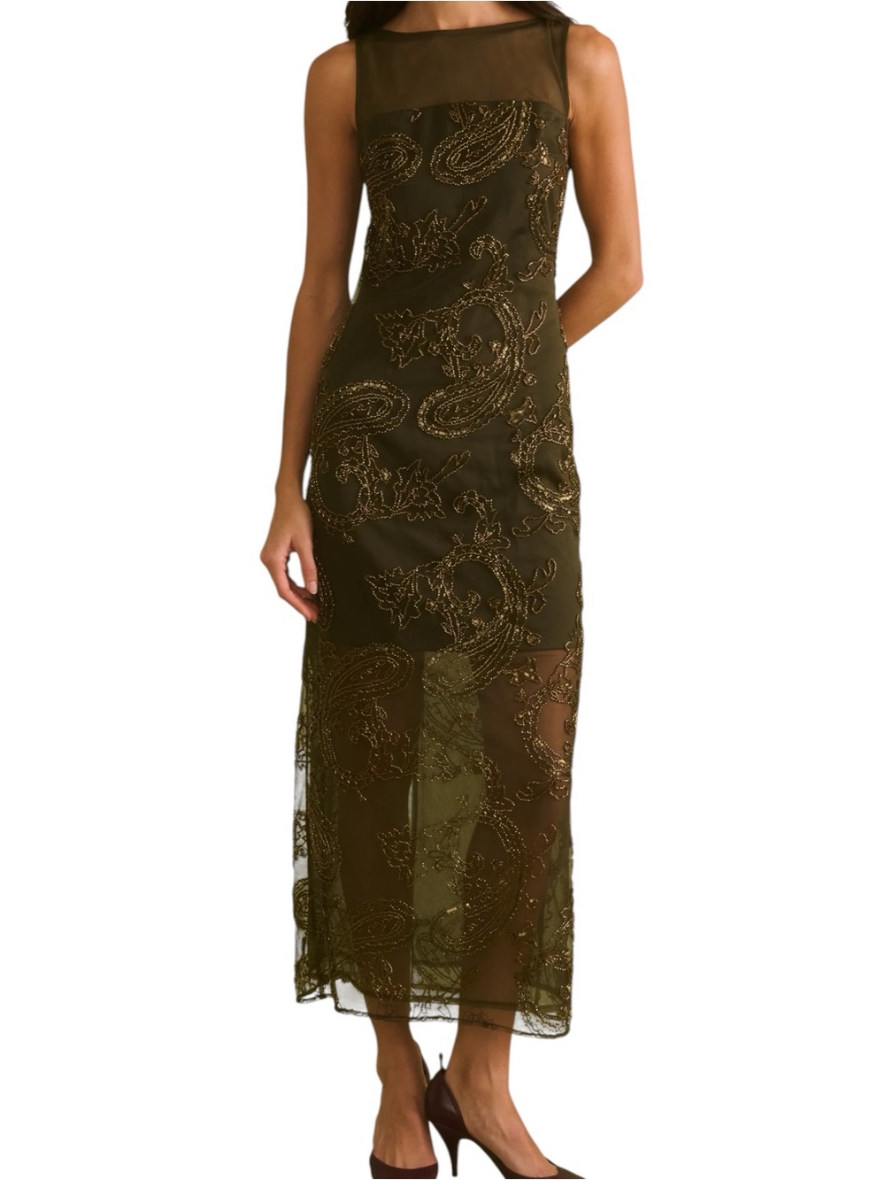 Sorella Few Moda Ora Copper Beaded Dress Olive Paisley Sheer Overlay NWT